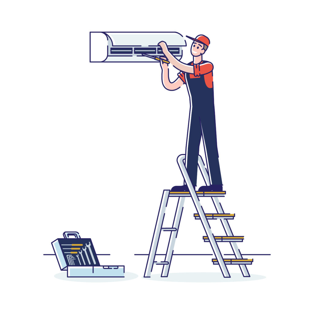 Cartoon man fixing an HVAC unit