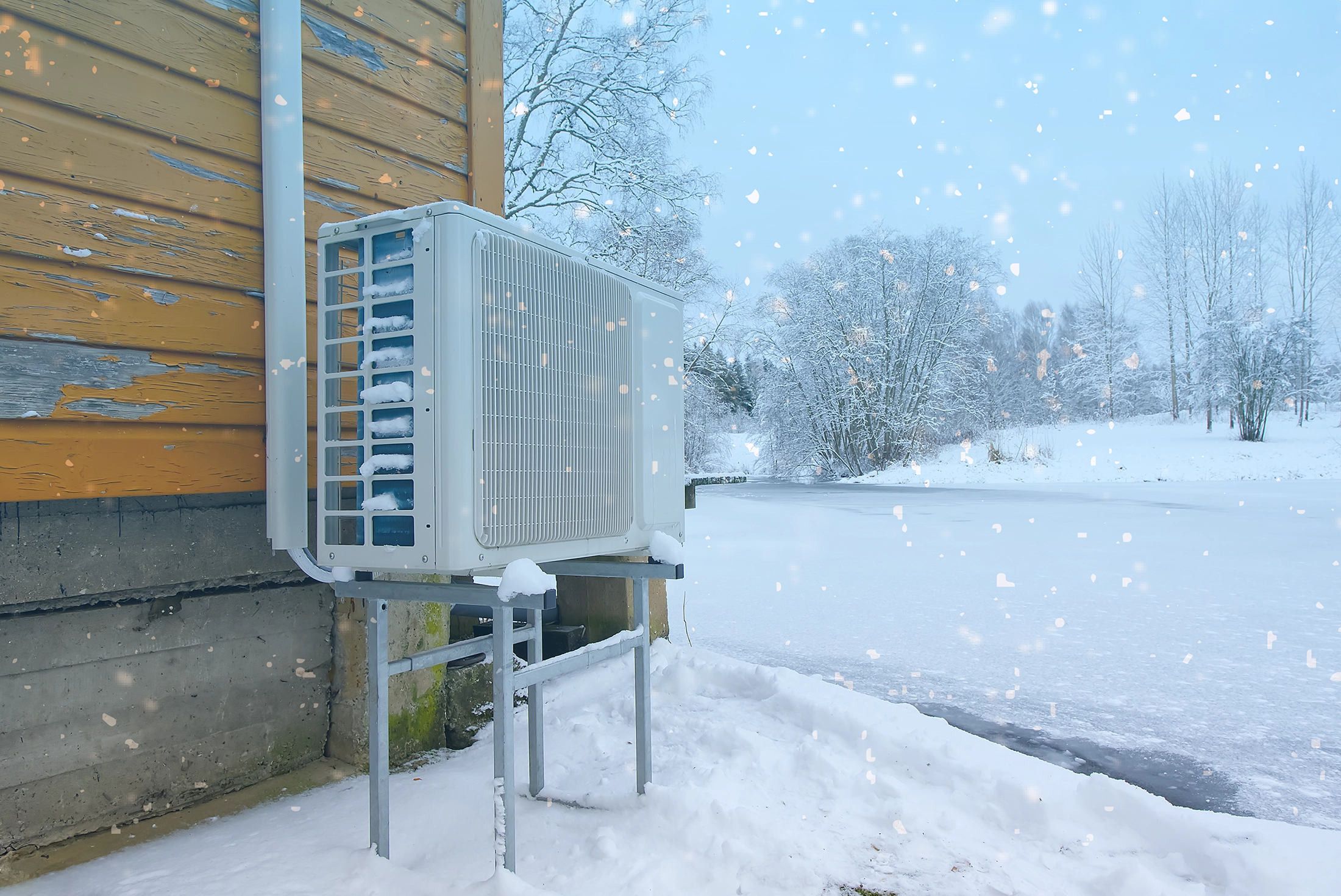 Image of an outdoor compressor for an HVAC unit in a snowy blizzard