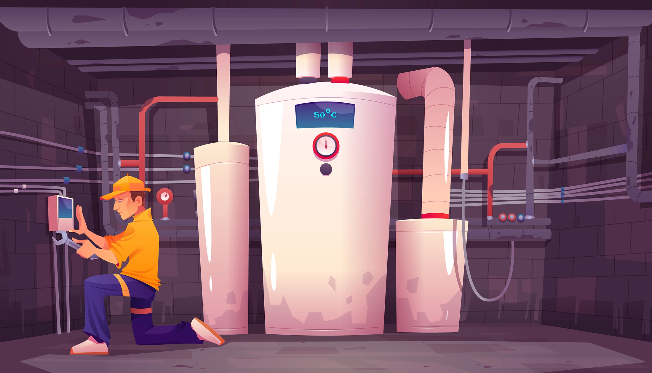Cartoon image of a large heat pump water heater in a basement
